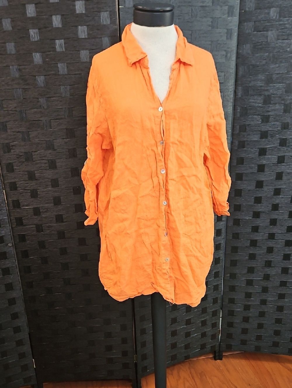 Rosemarine 100% Linen Button-Front Orange Tunic Shirt Size Large